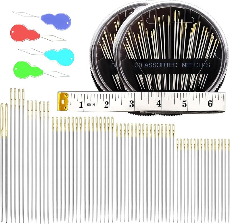 pikdmin 64+1Pack Premium Sewing Needles for Hand Sewing Repair, 6 Sizes Assorted Needles and 1 Measuring Tape,with 4 Threaders(Random Colors), Sewing Needles for Handsewing, Large Eye Stitching Needles - Image 1